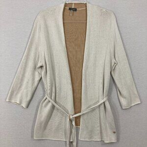 Basler White Tan Open Front Soft Knit Open Front Belted Cardigan size 12 Preppy